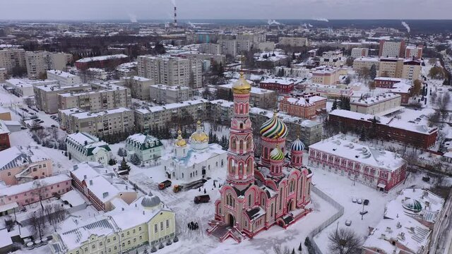 Aerial view of the Cathedral of the Ascension of the Lord in the city of Tambov. Russia