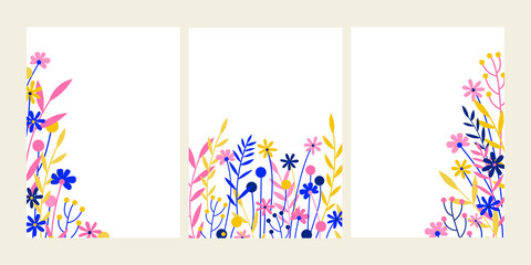Set of vertical floral frames. Vector flat illustration with simple flowers, leaves, plants on white backgrounds