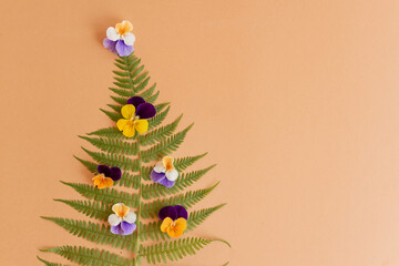 christmas tree made of fern leaves and pansies on beige background with copy space. New year concept