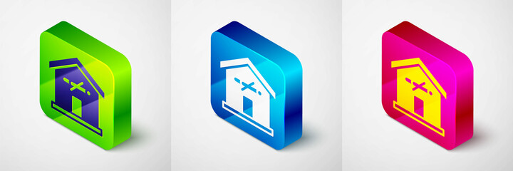 Isometric No smoking at home icon isolated on grey background. Area no smoking house. Square button. Vector
