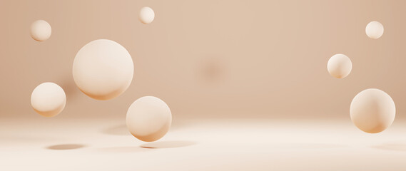 3D rendering of light brown room and several balls for a scene to display products background. For show product. Blank scene showcase mockup.