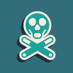 Green Bones and skull as a sign of toxicity warning icon isolated on green background. Long shadow style. Vector