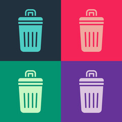 Pop art Trash can icon isolated on color background. Garbage bin sign. Recycle basket icon. Office trash icon. Vector