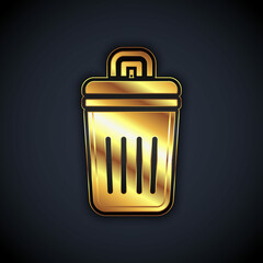 Gold Trash can icon isolated on black background. Garbage bin sign. Recycle basket icon. Office trash icon. Vector