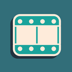 Green Play video icon isolated on green background. Film strip sign. Long shadow style. Vector