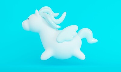 Cute little pegasus flying on blue background with copy space. 3d rendering