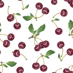 Seamless pattern with sweet sour ripe fruit, black cherry with red berries and green leaves. Watercolor hand drawn painting illustration isolated on white background, for food label design