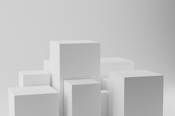 3d illustration of white cubes. Geometric square blocks pattern. Podium for presentation product....