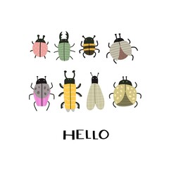 Hello. cartoon insects, hand drawing lettering. Colorful flat vector illustration for children. baby design for prints, posters, cards
