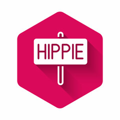 White Peace icon isolated with long shadow background. Hippie symbol of peace. Pink hexagon button. Vector