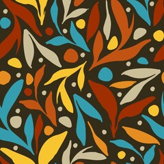 Floral Seamless Pattern with Colorful Leaves on Dark Background. Botanical Pattern with Simple Leaves Branches for Party, Textile, Fabric, Surface, Prints, Posters. Modern Floral Print. Vector EPS 10