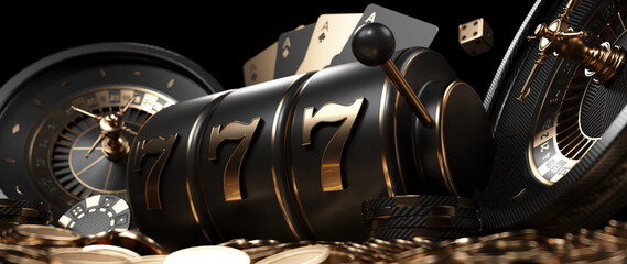 Roulette Wheel, Slot Machine, Four Aces, Casino Chips, Dice And Coins, Modern Black Carbon And Golden Isolated On The Black Background. Closeup - 3D Illustration	
