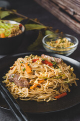 Oriental noodles with vegetables, meat and soy sauce