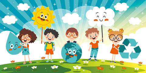 Concept Of Ecology With Cartoon Kids