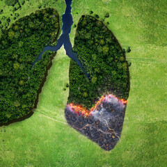 Forest and fire on a green field, top view. Trees in the form of lungs, the health of planet earth....