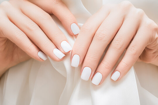 Female hands with white nail design. Glitter white nail polish manicure. Woman hands on white fabric background.