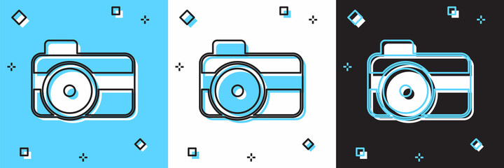 Set Photo camera for diver icon isolated on blue and white, black background. Foto camera icon. Diving underwater equipment. Vector