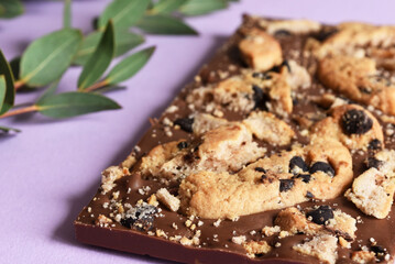 Handmade chocolate with fillings with cookies and nuts.