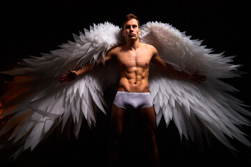Handsome young athletic man with a bare torso who looks like an angel with white wings. Model...