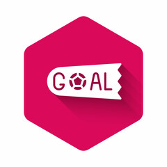 White Goal soccer football icon isolated with long shadow background. Pink hexagon button. Vector