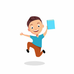 Return to school. A cheerful boy jumps for joy that he is going to school. Vector illustration in cartoon style.