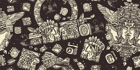Naklejka premium Mayan pattern. Ancient mexican civilization. Aztec, inca background. Old school tattoo style. Golden glyphs, Kukulkan, totem, dragon