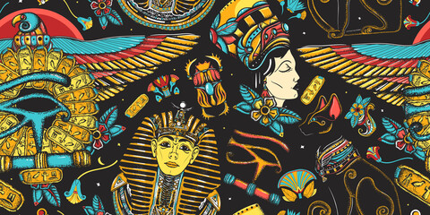 Obraz premium Ancient Egypt seamless pattern. Old school tattoo style. Egyptian civilization background. Golden pharaoh, eagle, black cats, queen Cleopatra, eye Horus. History art