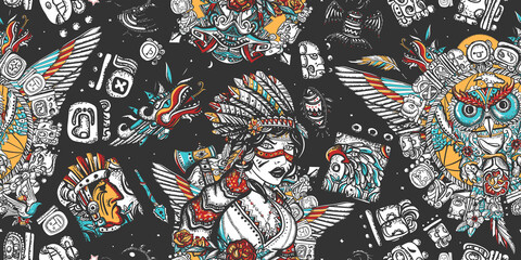 Naklejka premium Native American Indian. Tribal culture and history. Old school tattoo style. Ethnic warrior girl, shamanic female, dream catcher, owl and old cherokee shaman. Seamless pattern