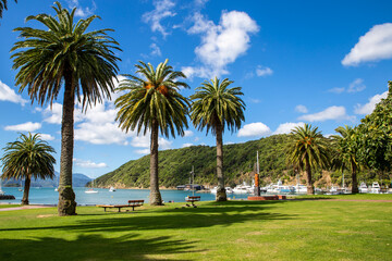 The beautiful view from the grassy waterfront area in Picton, Marlborough, New Zealand