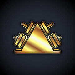 Gold Metal rack with additional weights for barbell icon isolated on black background. Bodybuilding, fitness, sport, healthy lifestyle concept. Vector