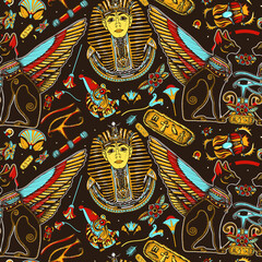 Ancient Egypt seamless pattern. Golden pharaoh, eagle, black cats, queen Cleopatra, eye Horus. History art. Old school tattoo style. Egyptian civilization background