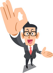 手でOKのサインを示し案内するメガネをかけたビジネスマン
