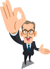 手でOKのサインを示し案内する経営者の男性
