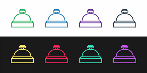 Set line Hotel service bell icon isolated on black and white background. Reception bell. Vector