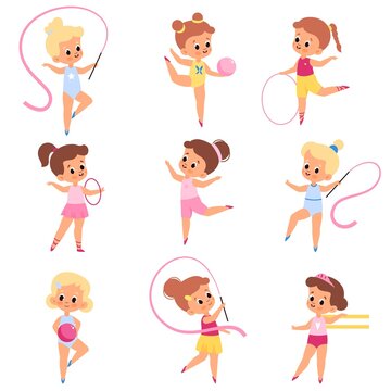 Girls gymnastics. Little athletes in different poses, kids make aerobics and sports, young artists with accessories, training ribbon, ball and hoops. Child competition. Vector cartoon set