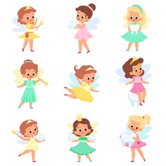 Little tooth fairy. Kids sorceress characters, small cute elf girl with wings, fabulous princesses with magic wands and crowns. Flying fairytale girls with teeth vector cartoon isolated set