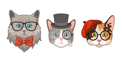 Cat heads with accessories. Cute funny cats different breeds avatar muzzles, glasses and hats, bow tie. Hipster animals portrait, smart characters, fashion print vector isolated cartoon set