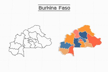 Fototapeta premium Burkina Faso map city vector divided by colorful outline simplicity style. Have 2 versions, black thin line version and colorful version. Both map were on the white background.