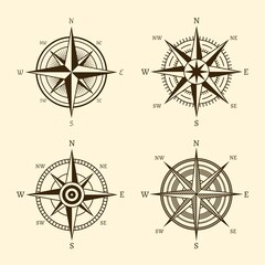 Compass icons. Hand drawn wind rose vintage style. West east and south north navigation, travel and adventure symbol, retro discovery element. Geography maps design vector isolated set
