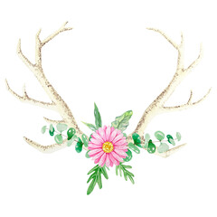 Watercolor boho horns with pink flowers, eucalyptus leaves for your logo.