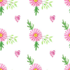 Pattern with pink flowers. Watercolor illustration on a white background. Background for postcards, prints and designs.