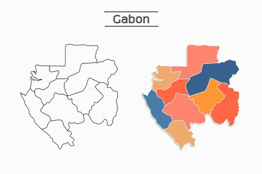 Gabon map city vector divided by colorful outline simplicity style. Have 2 versions, black thin line version and colorful version. Both map were on the white background.