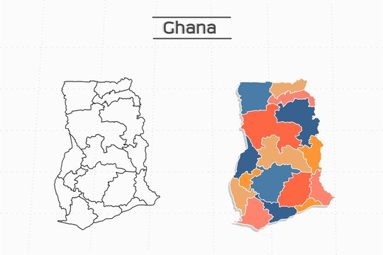 Ghana map city vector divided by colorful outline simplicity style. Have 2 versions, black thin line version and colorful version. Both map were on the white background.
