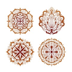 Elements mehndi. Henna tattoo ethnic ornaments collection, oriental round mandalas, indian traditional floral laces designs. Brown gradient colors, ethnic abstract decor vector isolated set