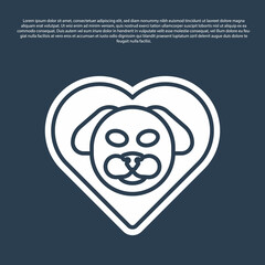 Blue line Heart with dog icon isolated on blue background. Pet paw in heart. Love to the animals. Vector