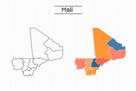 Mali map city vector divided by colorful outline simplicity style. Have 2 versions, black thin line version and colorful version. Both map were on the white background.