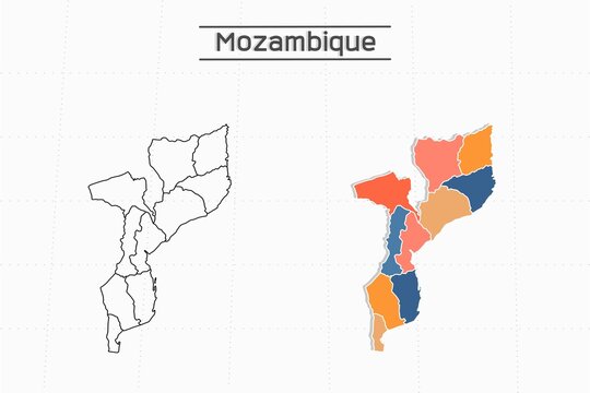 Mozambique map city vector divided by colorful outline simplicity style. Have 2 versions, black thin line version and colorful version. Both map were on the white background.