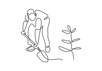 Single continuous line drawing young man digging ground using shovel and plant a sprout or seedlings. Back to nature theme. Protect our planet earth minimalist design vector graphic illustration