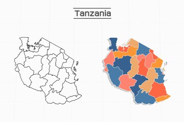 Tanzania map city vector divided by colorful outline simplicity style. Have 2 versions, black thin line version and colorful version. Both map were on the white background.