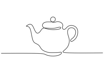 Continuous line drawing of teapot. Vintage kettle with handle isolated image on white background hand drawn line art minimalist design. Coffee break, tea time concept. Vector illustration